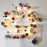 Queta 20 LED-Lichterkette, Rattan-Kranz mit roter Beeren-Tannenzapfen-Leuchte, Batterieantrieb, für Weihnachtshochzeitsschmuck im Familienzimmer - Warmweiß, 1.9 m (ohne Batterie)